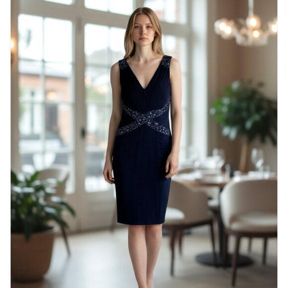 Tadashi Petite Navy Blue Pleated Silk Sequin Cocktail Dress Size 4P 4 - Picture 1 of 6